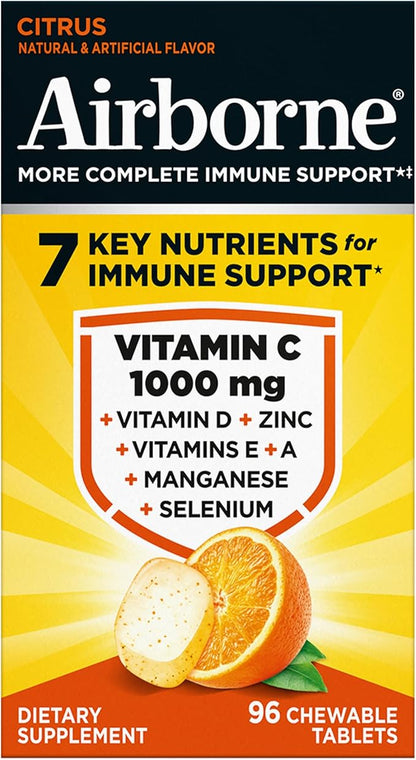 Airborne Vitamin C 1000mg (per Serving) - Citrus Chewable Tablets (96 Count in a Box) - Packaging May Vary