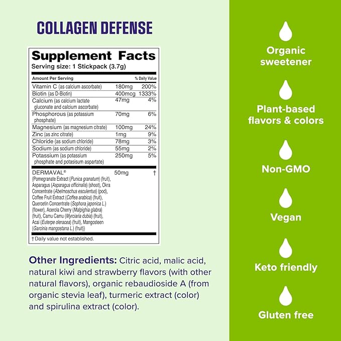 Ultima Replenisher Collagen Defense Supplement and Electrolytes Powder - Kiwi Strawberry, 13 Stickpacks - Hydration Packets with Dermaval and Biotin that Keep Your Skin Hydrated and Looking Radiant
