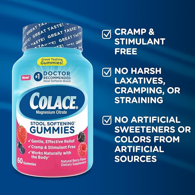 Colace Stool Softener Gummies, Gentle Dependable Constipation Relief Magnesium Citrate Gummies, No.1 Doctor Recommended Stool Softener Brand, Berry Flavored 60ct (Pack of 2)