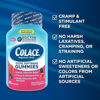 Colace Stool Softener Gummies, Gentle Dependable Constipation Relief Magnesium Citrate Gummies, No.1 Doctor Recommended Stool Softener Brand, Berry Flavored 60ct (Pack of 2)