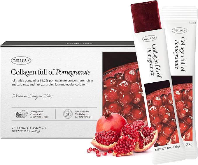 Korean Collagen Jelly Sticks - 25 Pomegranate Flavored Marine Collagen Peptide Snacks for Anti-Aging- Collagen Protein Sugar-Free, Travel Packs for Hair & Nail Strength