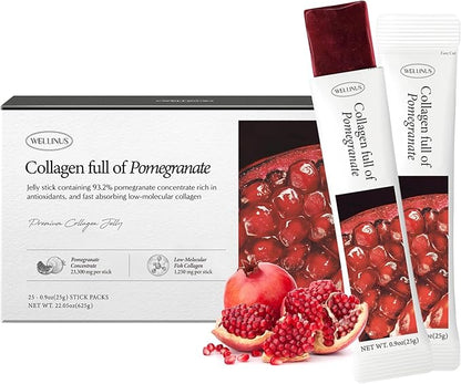 Korean Collagen Jelly Sticks - 25 Pomegranate Flavored Marine Collagen Peptide Snacks for Anti-Aging- Collagen Protein Sugar-Free, Travel Packs for Hair & Nail Strength