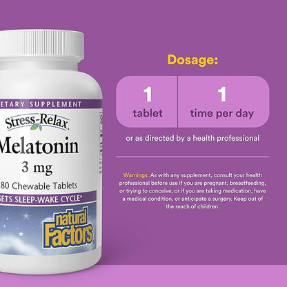 Stress-Relax Melatonin 3 mg by Natural Factors, Natural Sleep Aid, Resets the Sleep-Wake Cycle, 180 chewable tablets (180 servings), Peppermint Flavor