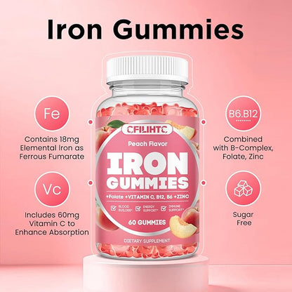 Iron Supplement for Women - Iron Gummies with Vitamin B6, B12, C, Zinc, Folate for Adults & Kids - Support Blood Builder, Iron Deficiency, Anemia, Energy Boost - Sugar Free 60ct Peach Flavor