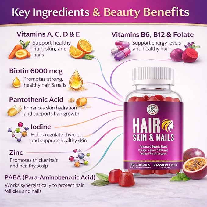 Grab The Gold Hair Skin & Nails Vitamins for Women | Gummies with 6000mcg Biotin & Collagen | 10 Essential Vitamin & Minerals | Gluten-Free, Non-GMO, Passion Fruit Flavor | 1 Month Supply, Made in USA