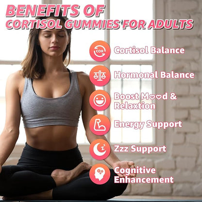 Cortisol Gummies - Cortisol Supplements for Women & Men with Ashwagandha, Magnesium, L-theanine for Cortisol Balance, Support Relaxation, Energy, Zzz, Mixed Berry Flavor, 60Ct