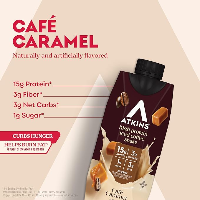 Atkins Café Caramel Iced Coffee Flavored Protein Shake, High Protein Shake, Low Glycemic, Low Carb and Low Sugar, Keto Friendly, Gluten Free, 12 Count