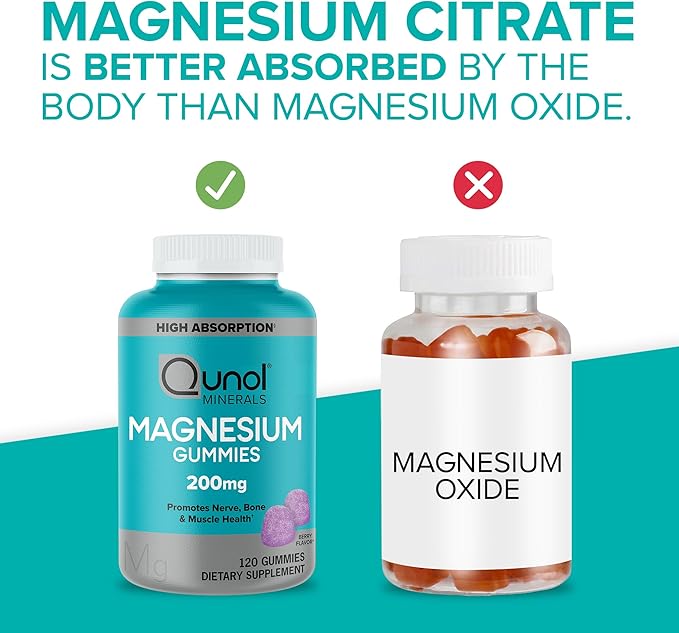 Qunol Magnesium Gummies for Adults, 200mg Elemental Mg (from 1,750mg Magnesium-Citrate),High Absorption Mg-Supplement,Supports Nerve,Bone & Muscle Health,Vegetarian,120 Count(Pack of 2)