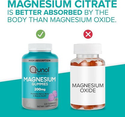 Qunol Magnesium Gummies for Adults, 200mg Elemental Magnesium (from 1,750mg Magnesium Citrate), High Absorption Magnesium Supplement, Supports Nerve, Bone and Muscle Health, Vegetarian, 120 Count