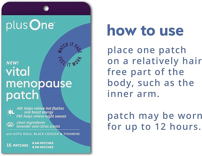 plusOne Vital Menopause Patches AM & PM – Hot Flash & Night Sweat Support – Promotes Energy & Sleep – Herbal Arjuna Daily Patches – 16ct