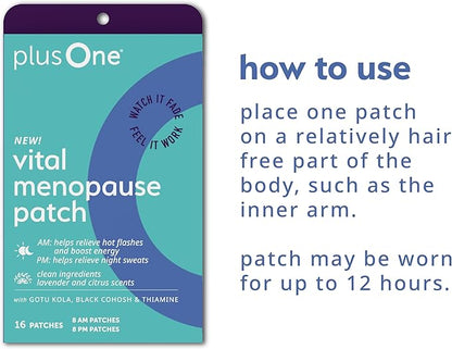 plusOne Vital Menopause Patches AM & PM – Hot Flash & Night Sweat Support – Promotes Energy & Sleep – Herbal Arjuna Daily Patches – 16ct