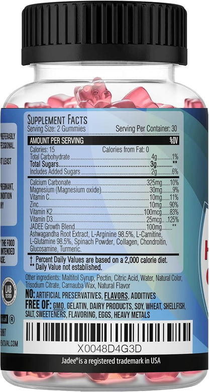 Jadee Height Growth Gummies for Teens & Kids Calcium 325mg, Teen Vitamins D3,K2,C, Magnesium, Ashwagandha, Zinc, L-Arginine - Bone Healthy Growth, Development & Strength - Height Increase & Immunity
