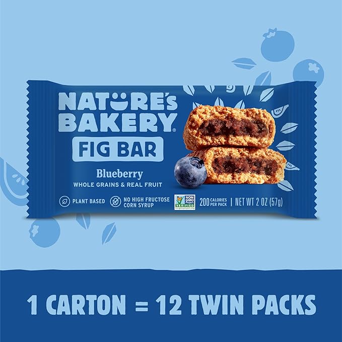 Nature's Bakery Whole Wheat Fig Bars, Blueberry, Real Fruit, Vegan, Non-GMO, Snack bar, Twin packs- 12 count