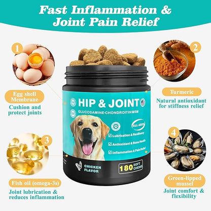 Dog Hip & Joint Supplement – Glucosamine for Dogs Chews with Chondroitin & MSM, Advanced Joint Support for Large & Senior Dogs, Supports Mobility & Everyday Comfort – 180 Count