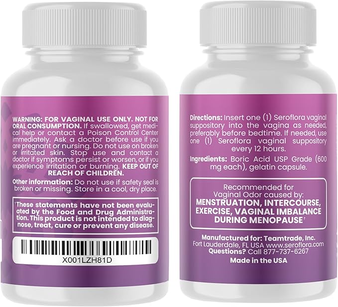 Seroflora Boric Acid Vaginal Suppositories for Women + 1 Suppository Applicator - Helps Support Vaginal Odor pH Balance, Yeast Infection and Bacterial Vaginosis