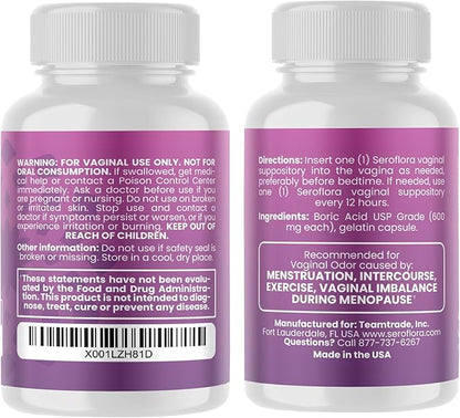 Seroflora Boric Acid 600mg Feminine Capsules, Feminine pH Support, Intimate Freshness for Women, Fast-Dissolving Capsules (30 Count) with Applicators (28 Count)