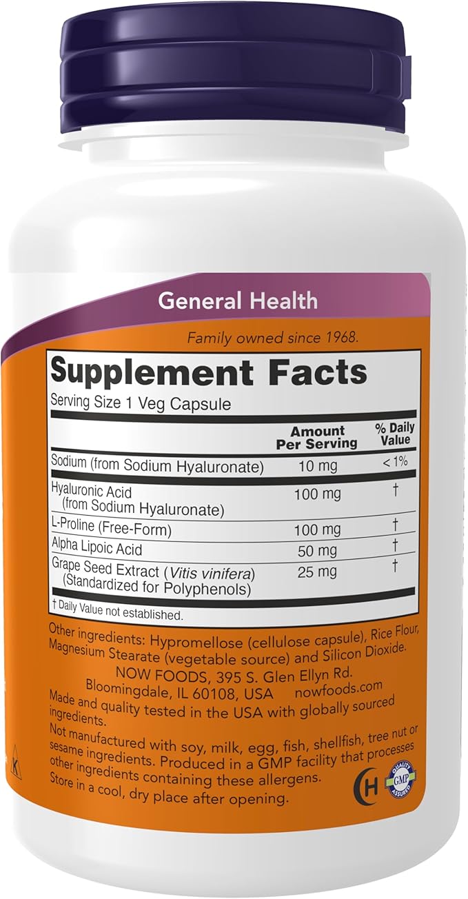 NOW Foods Supplements, Hyaluronic Acid 100 mg, Double Strength with L-Proline, Alpha Lipoic Acid and Grape Seed Extract, 120 Veg Capsules, (Pack of 2)