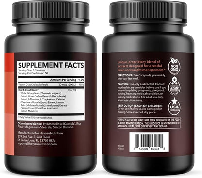 Night Time Fat Burner Capsules for Men and Women - Appetite Suppressant for Weight Loss with White Kidney Bean - 60 Count - Metabolism Booster with Melatonin for Sleep Support - 2-Month Supply