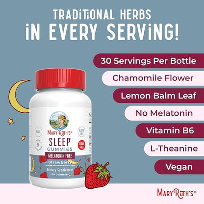 MARYRUTH'S Sleep Gummies | Sugar Free | NO Melatonin | L Theanine | Lemon Balm Leaf | Chamomile | Vitamin B6 | Relaxation & Sleep Support | Stress Relief | Vegan | Gluten Free | 60 Count
