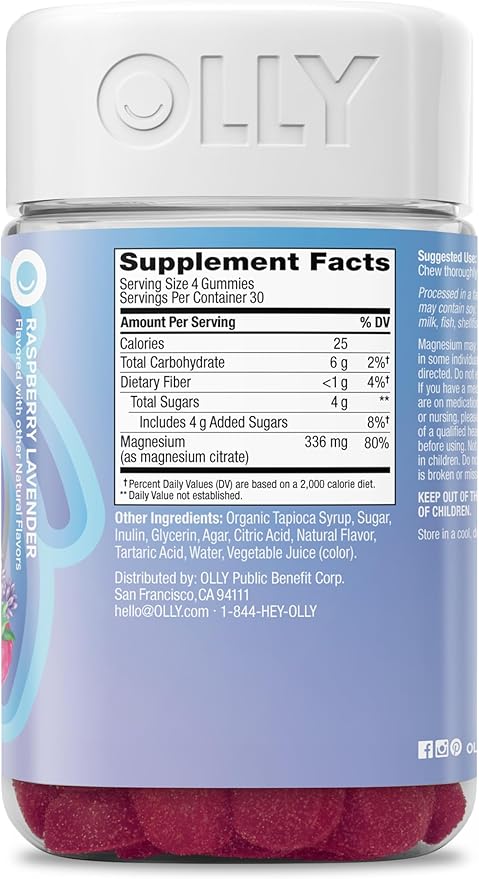 OLLY Relaxing Magnesium Gummies, Supports Muscle Relaxation,* Magnesium Citrate, Raspberry Lavender Flavored, 30 Day Supply - 120 Count