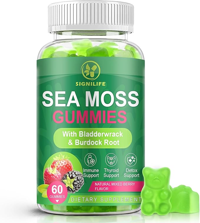 Organic Sea Moss Gummies, Natural Irish Sea Moss with Bladderwrack,Burdock Root,Black Cumin Seed for Immune, Thyroid and Detox Support, Gluten-Free, Vegan - 60 Gummies