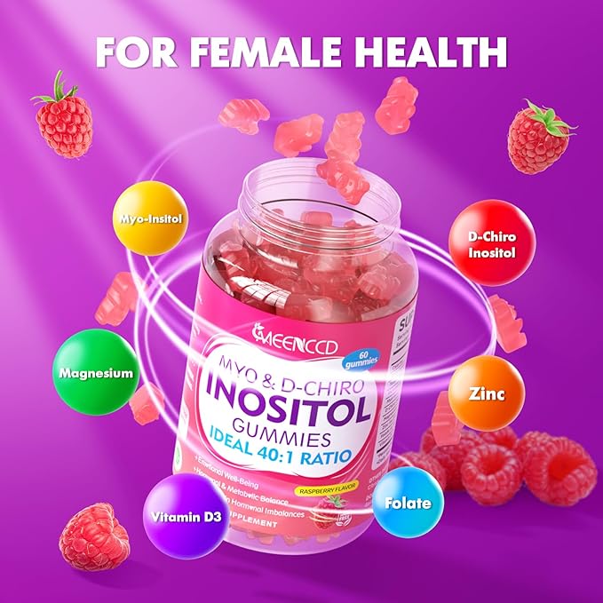 Myo-Inositol & D-Chiro Inositol Gummies, 40:1 Ratio Inositol with Vitamin D3, Magnesium Glycinate, Folate & Zinc, Inositol Supplement for Female Health, Raspberry Flavor, 60 Count