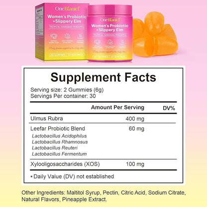 Feminine Probiotics Gummies for Women with Slippery Elm, Vaginal Probiotics for Women Gummies, Feminine Balance pH Gummies for Healthy Odor, Improve Immune,Support Vaginal Health -60 Pineapple Gummies