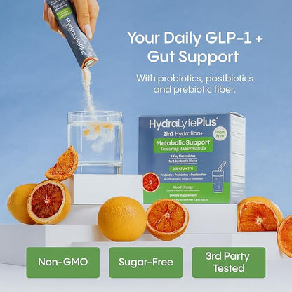 Hydralyte Plus Metabolic Support - GLP-1 Weight Loss Management and Gut Health - 5in1 Probiotic Blend - Akkermansia Muciniphila + Prebiotic Fiber + Electrolytes - Sugar Free (30 Packets)