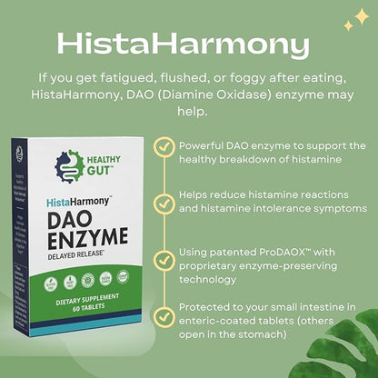 Healthy Gut HistaHarmony | Delayed Release DAO Enzyme Supplement | 30,000 HDU Diamine Oxidase Histamine Blocker | 60 Servings