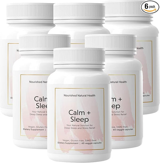 Nourished Natural Health Calm + Sleep – Relaxation & Melatonin-Free Sleep Supplement for Women, Cortisol Support with Ashwagandha, L-Theanine, Magnesium & Valerian Root–Vegan & Non-GMO – 360 Capsules