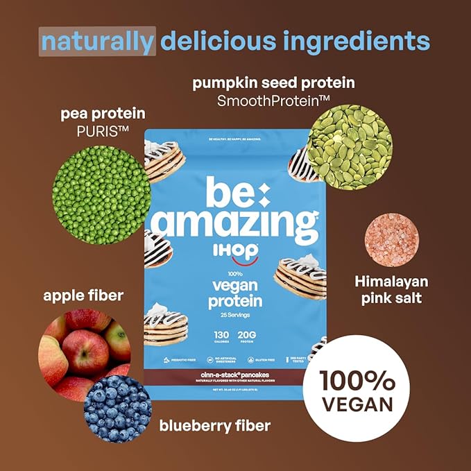 BE AMAZING Vegan Protein Powder, IHOP Cinn-A-Stack Pancakes, 20g Plant Based Protein with Prebiotic Fiber, Low Carb, Dairy and Gluten Free Shake Mix, No Added Sugar, 29.3 oz, 25 Servings