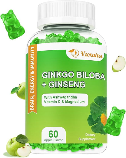 240MG Ginkgo Biloba Gummies with Ginseng and Magnesium, Ginko Biloba Supplements Gummies for Brain Focus, Mood and Memory for Adults, 60 Cts