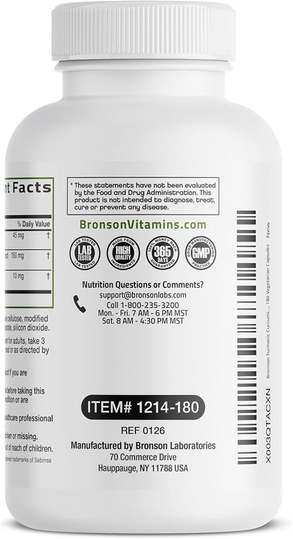 Bronson Turmeric Curcumin Extra Strength - Antioxidant, Joint & Digestion Support with BioPerine, Non-GMO, 180 Vegetarian Capsules