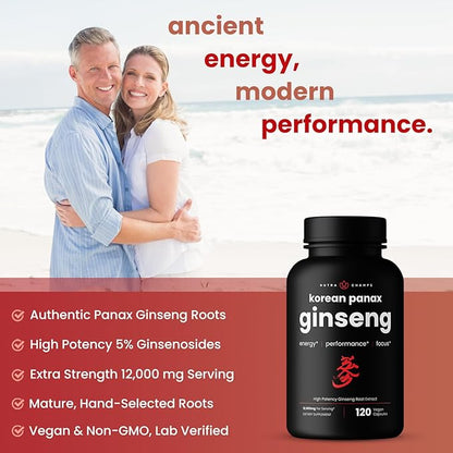 NutraChamps Korean Red Panax Ginseng Capsules | Extra Strength Ginsenosides for Energy, Focus, Performance, Vitality & Immune Support | Korean Ginseng Root Extract (120, Red)
