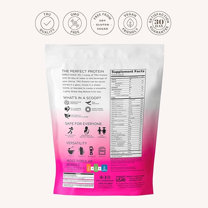 TRU Supplements Plant Based Protein Powder, BCAA, EAA, 20g Vegan Brown Rice & Pea Protein, 100 Calories, 27 Vitamins, No Artificial Flavors 25 Servings (Chocolate Peanut Butter)