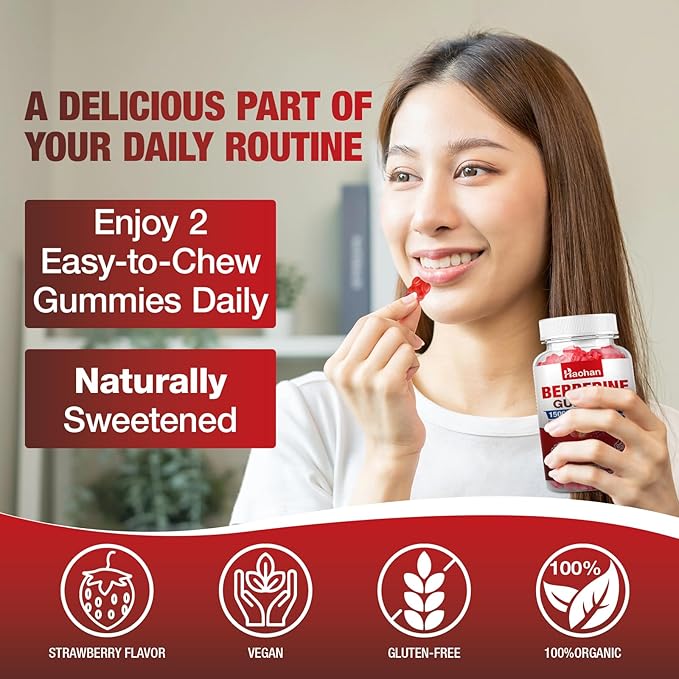Haohan Berberine Gummies, 1500mg High Potency Berberine HCl, Ceylon Cinnamon, Milk Thistle, Immune System & Metabolism Support, Vegan, Strawberry Flavor, 60 Count