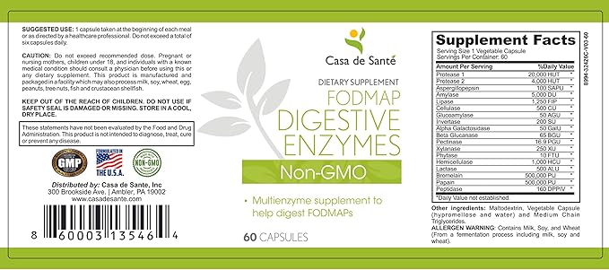 Casa de Sante FODMAP Digestive Enzymes, No High Inulin, Keto Carnivore Intolerance Support, 18 Multi Enzyme Amylase Bromelain Lipase Lactase Protease Papain Alpha galactosidase, More - No GMO