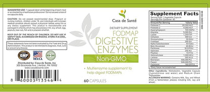 Casa de Sante FODMAP Digestive Enzymes, No High Inulin, Keto Carnivore Intolerance Support, 18 Multi Enzyme Amylase Bromelain Lipase Lactase Protease Papain Alpha galactosidase, More - No GMO