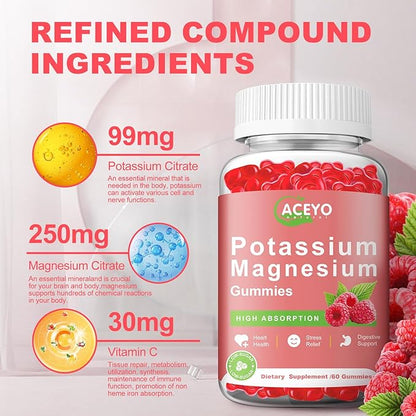 2 Pack Potassium Magnesium Gummies for Adult Kids High Absorption Leg Cramps & Muscle & Heart Health Immune Health Raspberry Magnesium Gummies Chewable Gummy Supplement Vegan Non-GMO