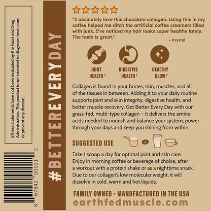 Earth Fed Muscle Chocolate Collagen Peptides Powder – Grass Fed Hydrolyzed Collagen for Women & Men - Healthy Bones, Skin & Hair - Types 1 & 3 Collagen Powder, 20g Per Serving, 19 Servings