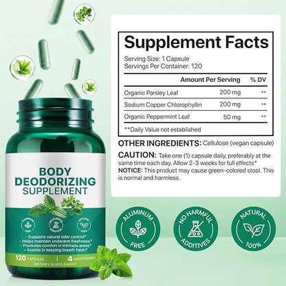 Chlorophyll Capsules | Body Deodorizing Supplement | Natural Internal Odor Control | with Chlorophyllin, Parsley and Peppermint | for Skin, Breath and Body Health | 4 Month Supply - 120 Caps