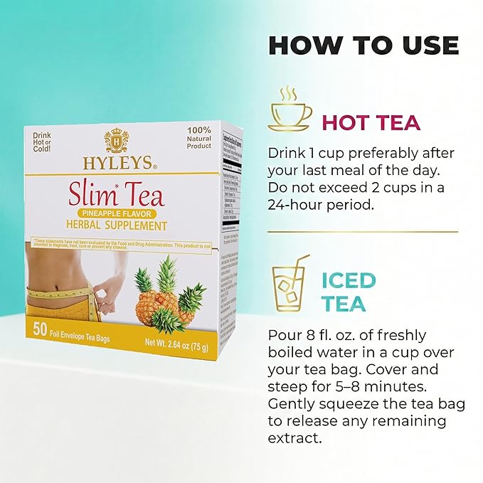 Hyleys Slim Tea Weight Loss Herbal Supplement with Pineapple - Cleanse and Detox - 50 Tea Bags (6 Pack)