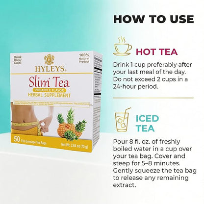 HYLEYS Slim Tea Weight Loss Herbal Supplement with Pineapple - Cleanse and Detox - 50 Tea Bags (1 Pack)