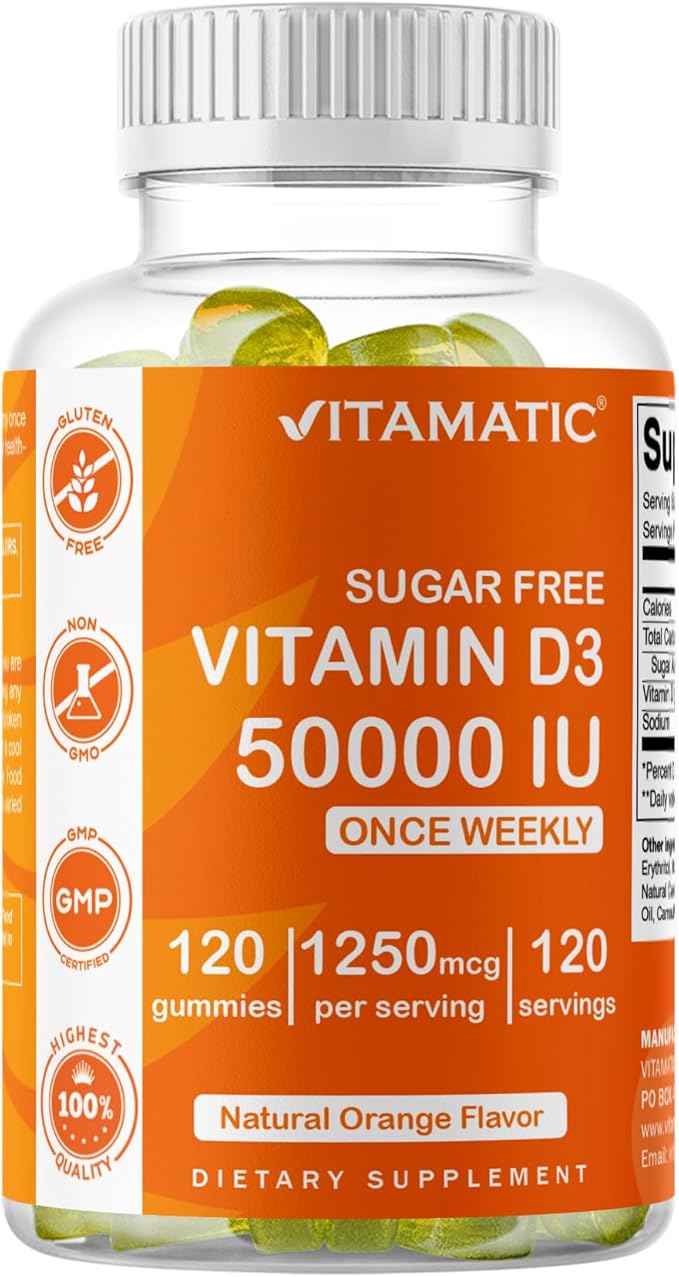 Vitamatic Sugar Free Vitamin D3 50,000 IU Weekly Supplement - 120 Pectin Based Gummies - Vitamin D Capsules for Bones, Teeth, and Immune Support (50000 IU)