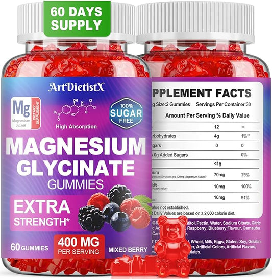 Magnesium Glycinate Gummies 400mg, Sugar Free Mаgnеsium Gummiеs for Adults with Magnesium Malate, Zinc, and Vitamin B6 for Sleep, Body Support and Relaxation, Non GMO, 60 Count-Multi-Flavor