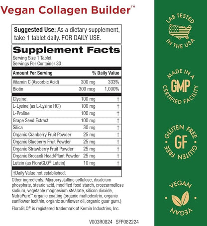 Vegan Collagen Builder - Organic Whole Foods Fruits + Veg, Silica, Lutein, Vitamin C, Biotin, Grape Seed - Amino Acids Glycine, Lysine + Proline Collagen Boosters (30 Servings, Tablets) (Pack of 2)