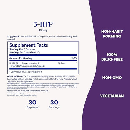 Natrol Mood + Stress 5-HTP 100 mg, Dietary Supplement for a Balanced Mood, Capsules for Adults, 30 Capsules, Up to a 30 Day Supply