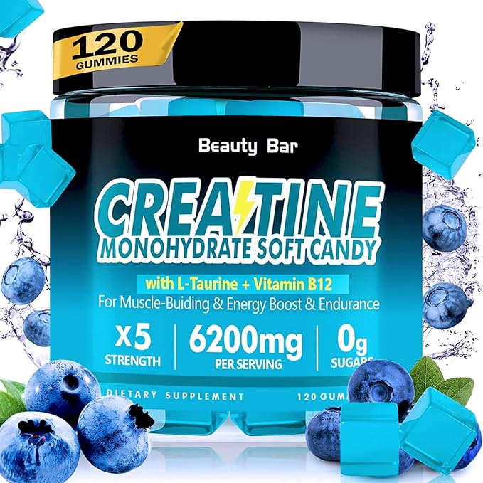 Creatine Monohydrate Gummies,6200mg for Men & Women, Chewable Creatine for Enhanced Muscle Growth, Strength, and Recovery, Sugar Free Pre-Workout Supplement,120 Count,Blueberry Flavor