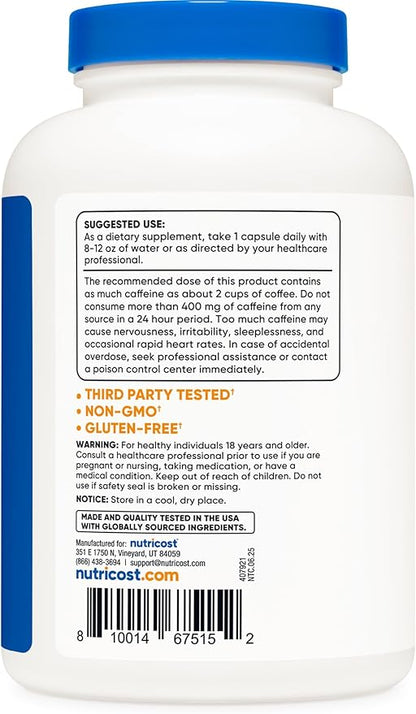 Nutricost Caffeine 500 Capsules, 200mg Per Capsule (2 Bottles)