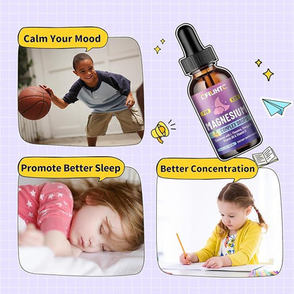 Kids Magnesium Liquid Drops-Magnesium Glycinate Liquid for Kids Supplement-w/L-theanine, Omega-3, Vitamin B6, D3 - for Sleep, Relaxation, Brain, Bones - Pineapple Flavor, 2 Fl Oz